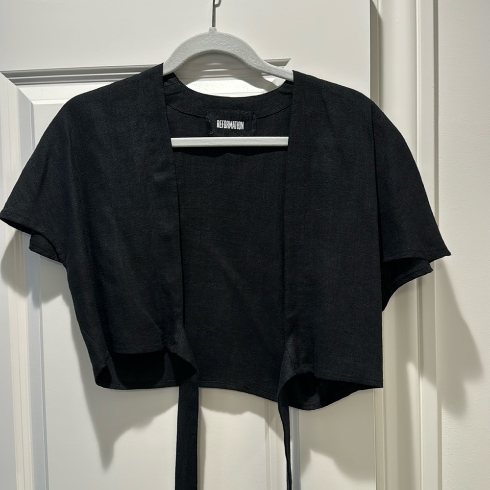 NWOT Reformation Tie Front Cap Sleeve Cropped Top in Black Linen Size S